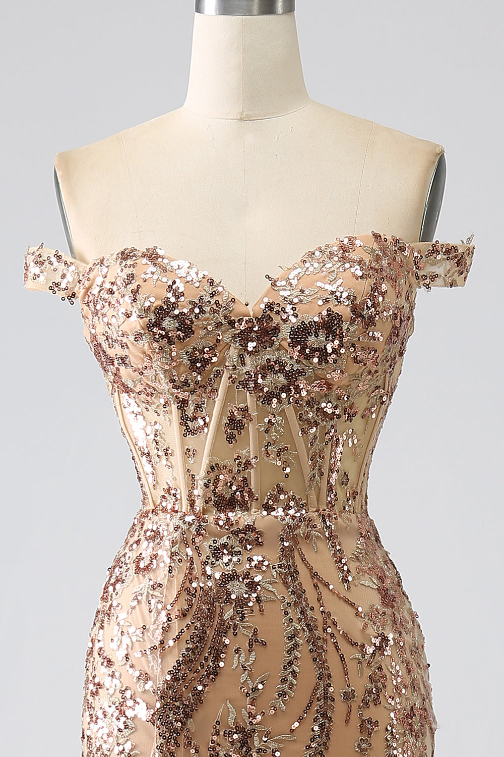 Robe de bal sirène scintillante dorée à épaules dénudées avec corset et fente