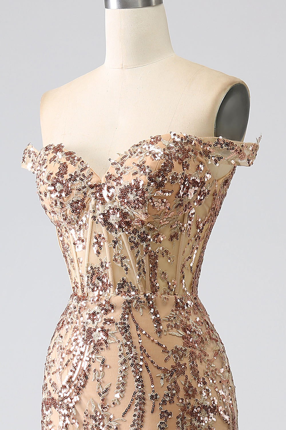 Robe de bal sirène scintillante dorée à épaules dénudées avec corset et fente
