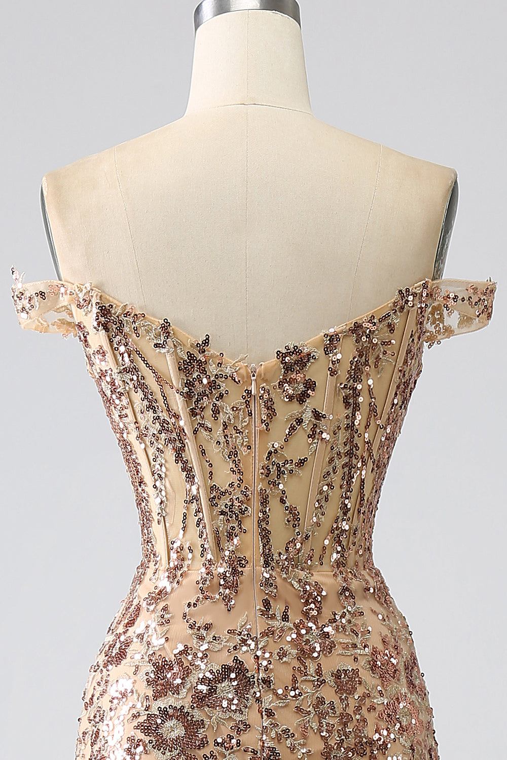 Robe de bal sirène scintillante dorée à épaules dénudées avec corset et fente