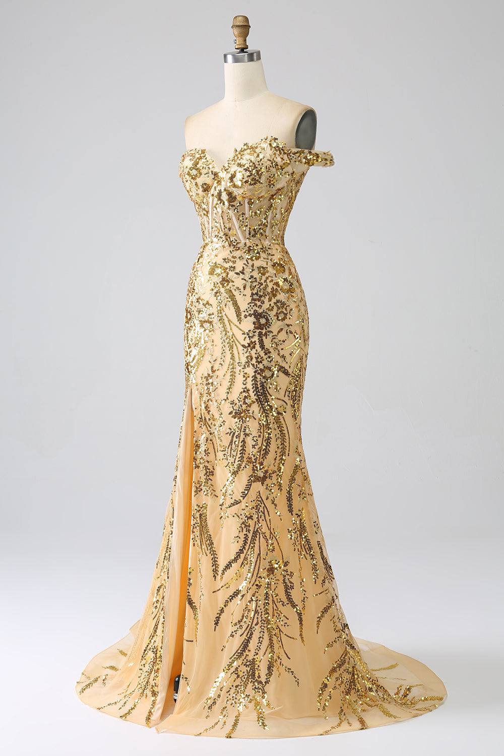 Robe de bal sirène scintillante dorée à épaules dénudées avec corset et fente