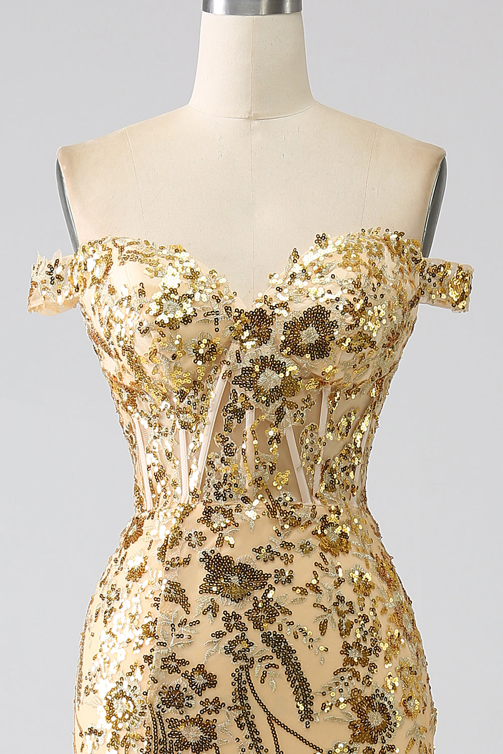 Robe de bal sirène scintillante dorée à épaules dénudées avec corset et fente