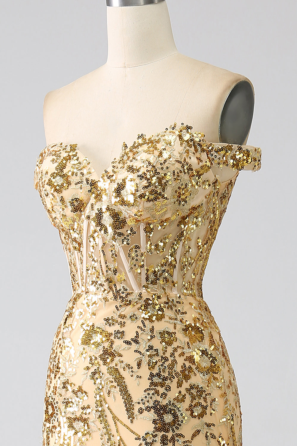 Robe de bal sirène scintillante dorée à épaules dénudées avec corset et fente