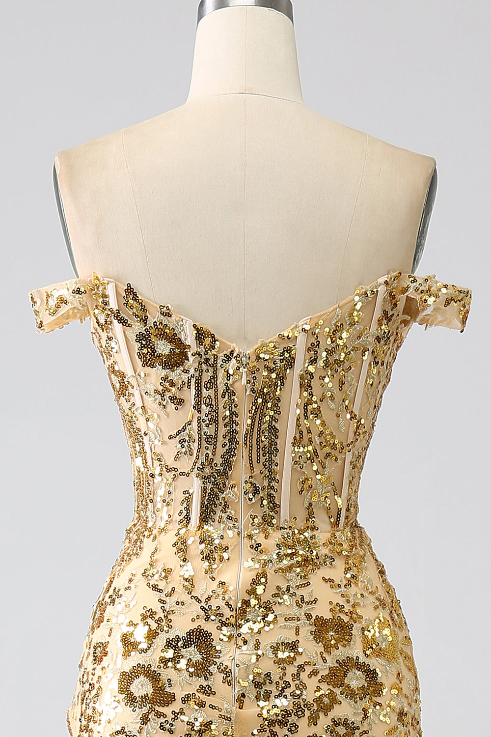 Robe de bal sirène scintillante dorée à épaules dénudées avec corset et fente