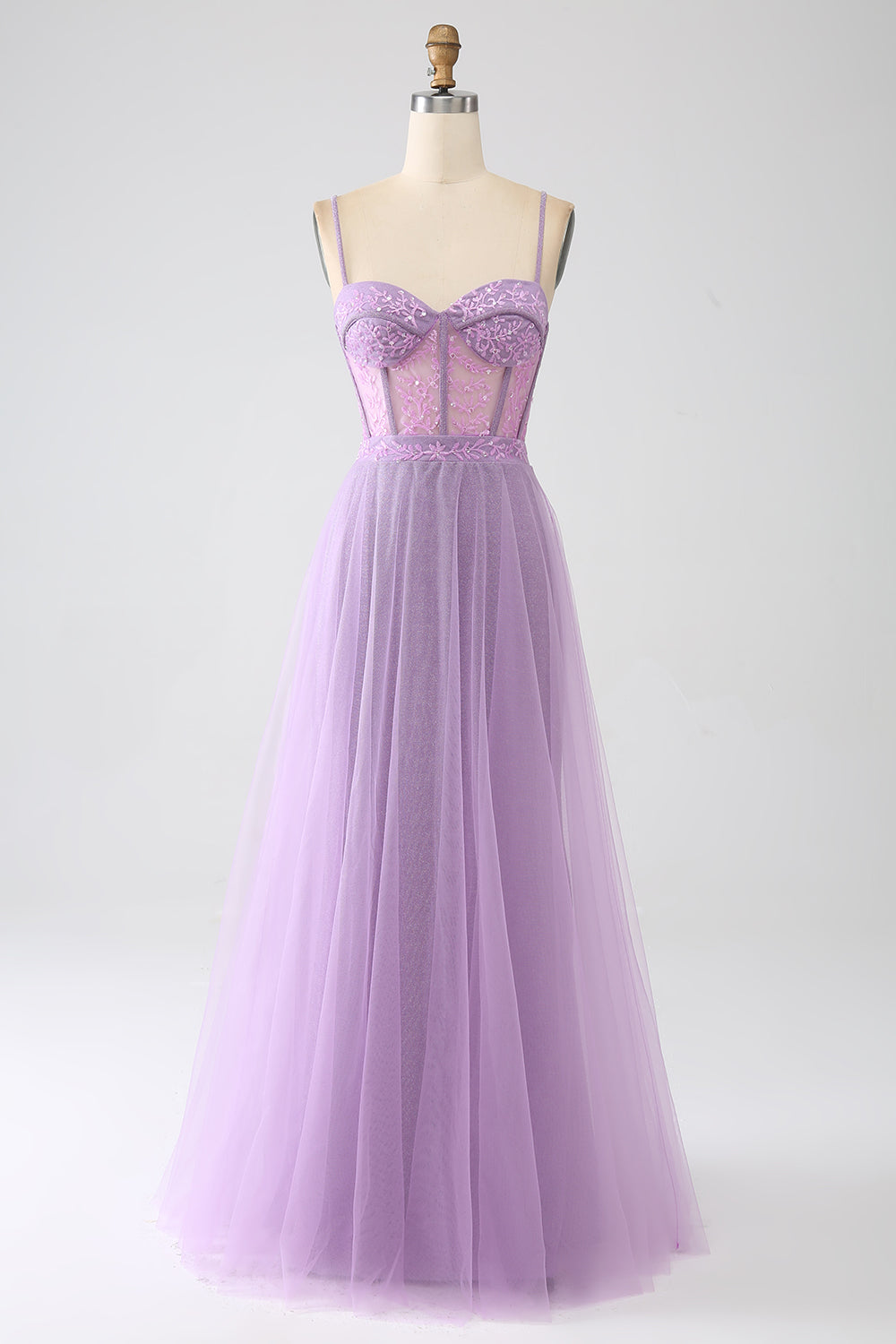 Robe de bal longue lilas coupe A, à fines bretelles et corset