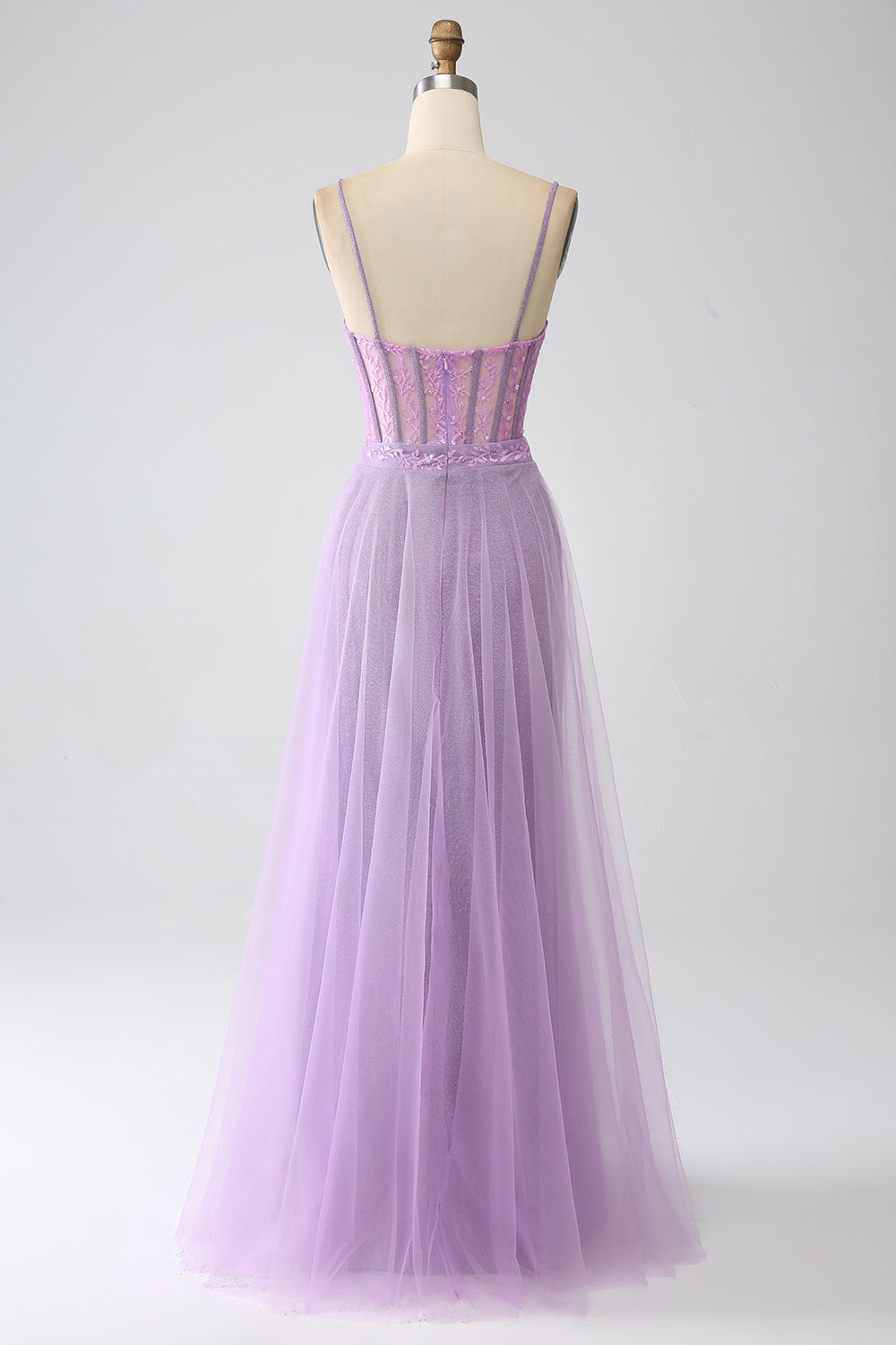Robe de bal longue lilas coupe A, à fines bretelles et corset