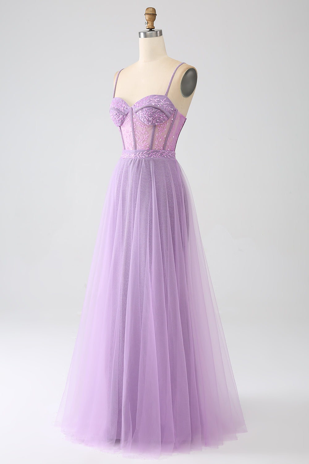 Robe de bal longue lilas coupe A, à fines bretelles et corset