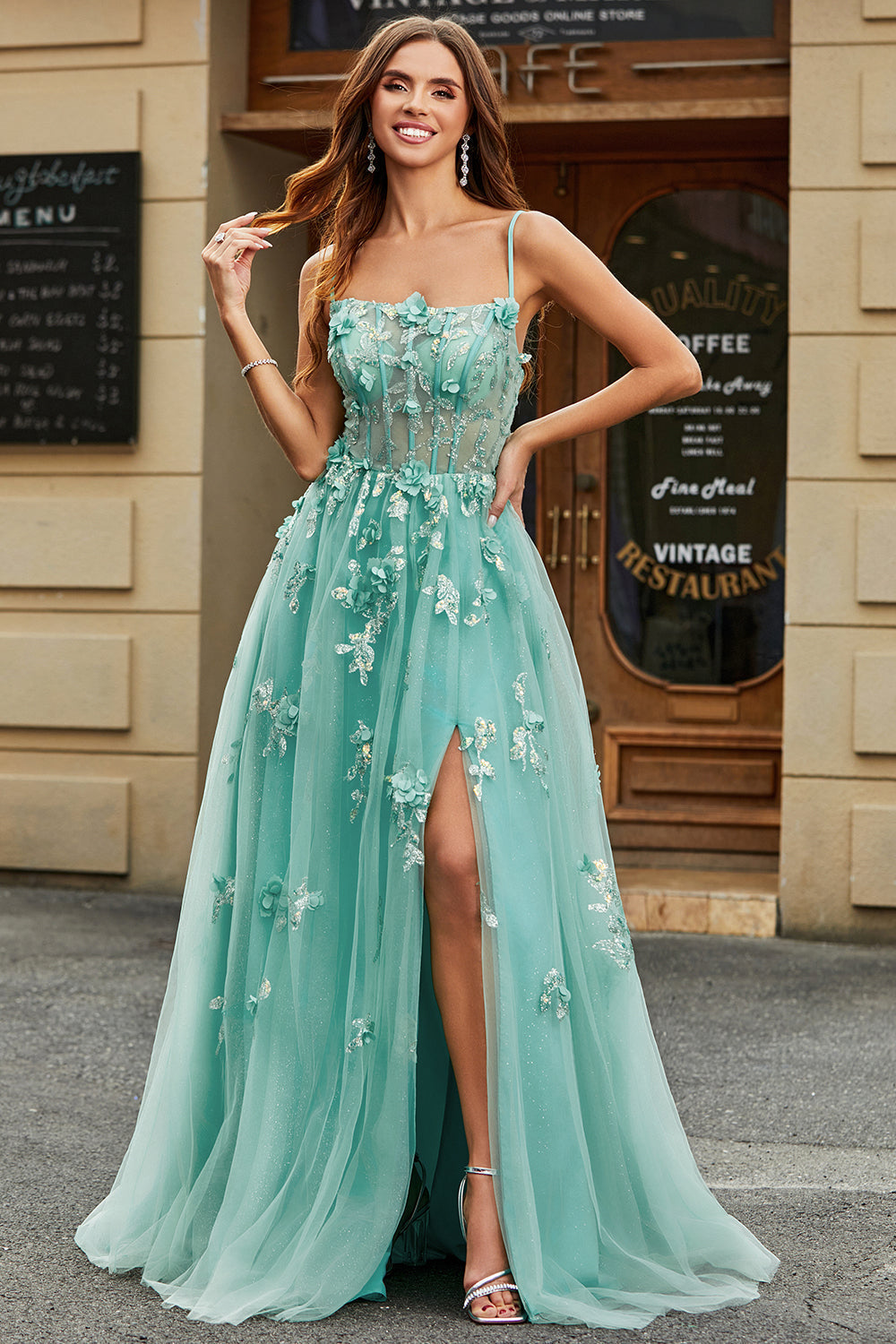 A-Line Green Tulle Corset Prom Dress with Appliques