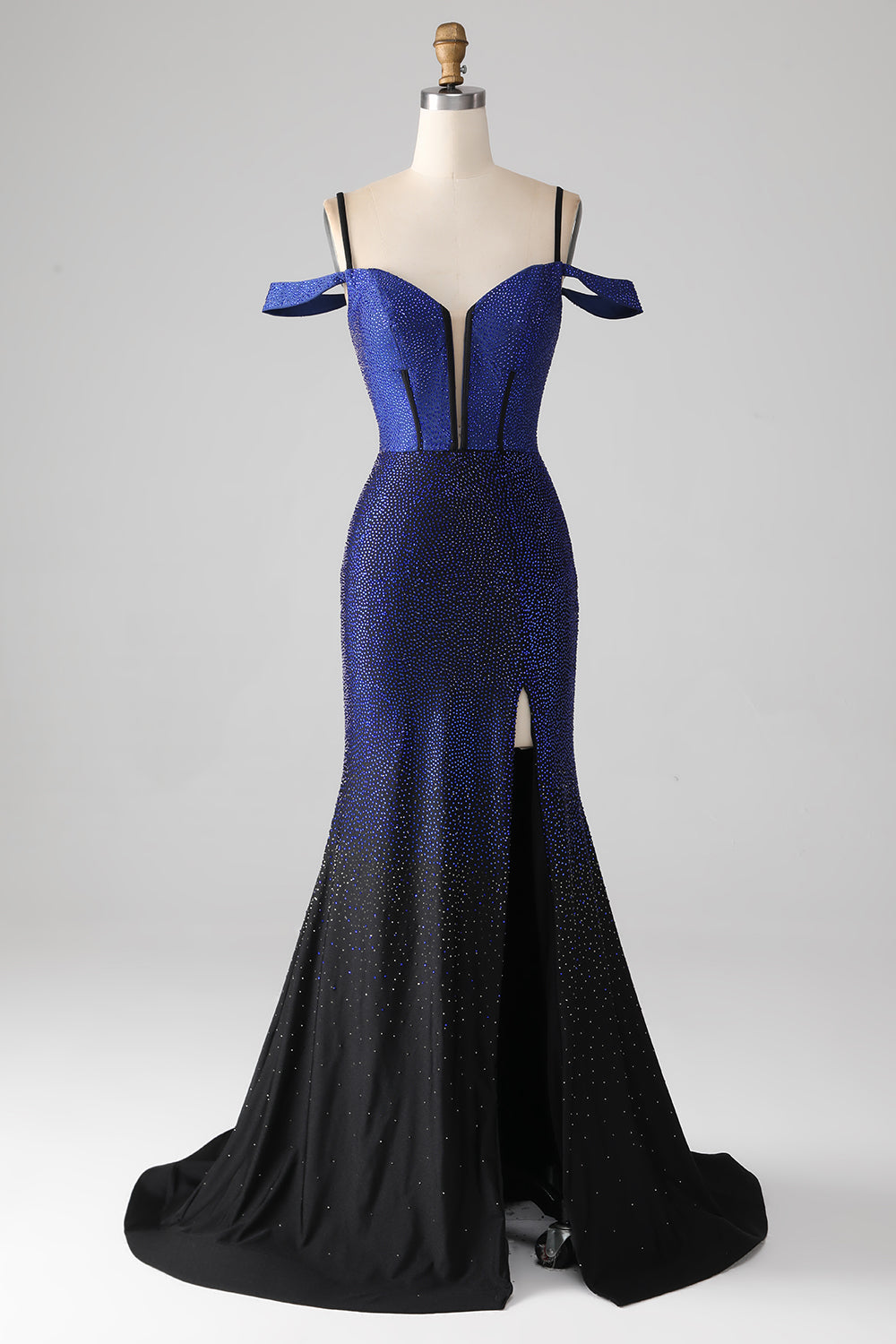 Robe de bal longue en corset sirène bleu marine scintillant avec fente