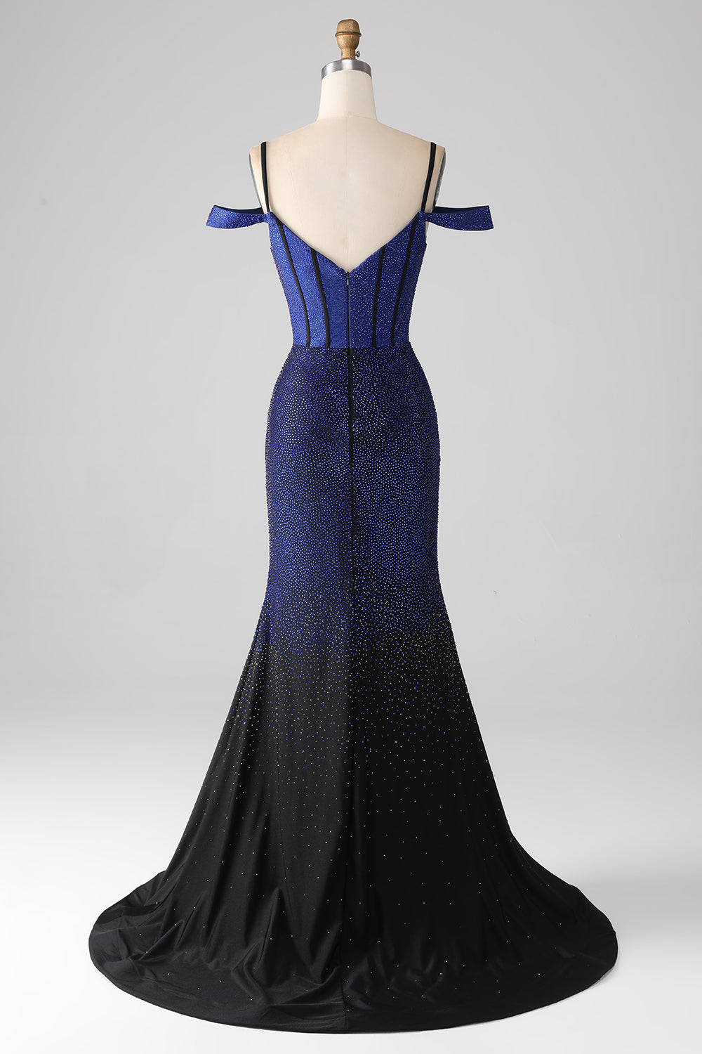 Robe de bal longue en corset sirène bleu marine scintillant avec fente