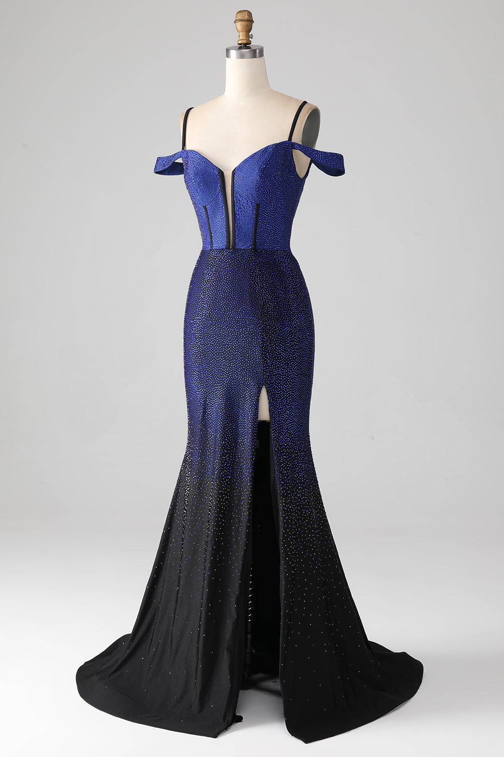 Robe de bal longue en corset sirène bleu marine scintillant avec fente