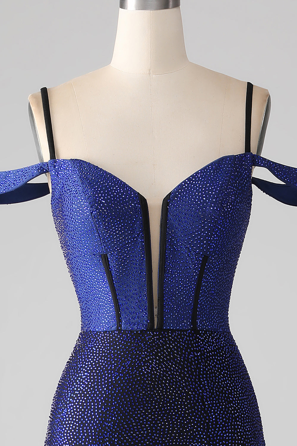 Robe de bal longue en corset sirène bleu marine scintillant avec fente