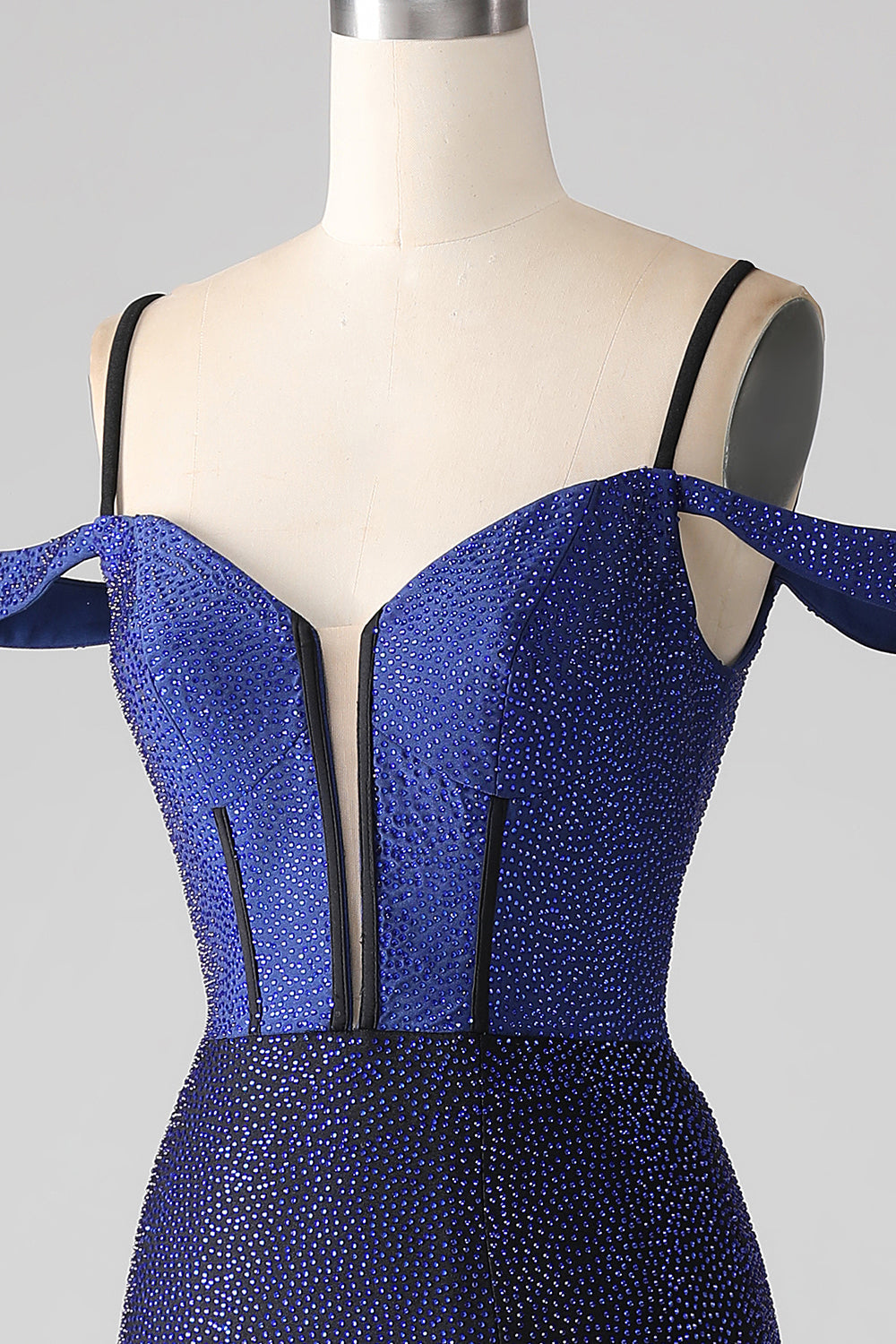 Robe de bal longue en corset sirène bleu marine scintillant avec fente