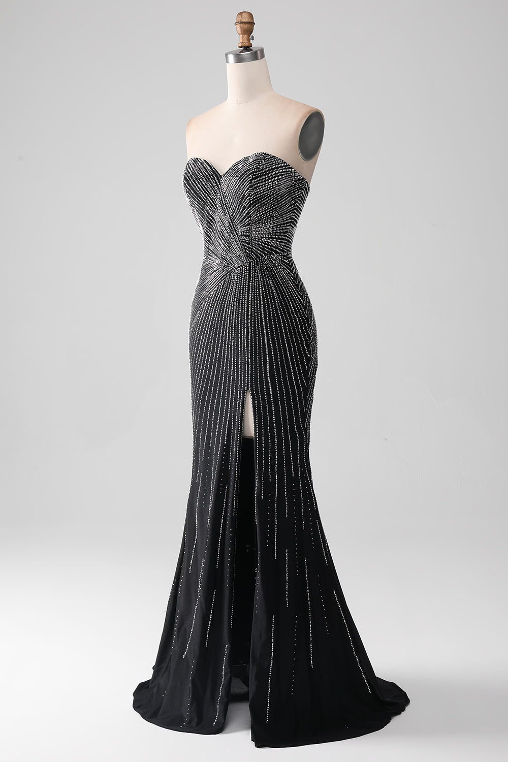 Robe de bal sirène bustier noire à paillettes avec fente