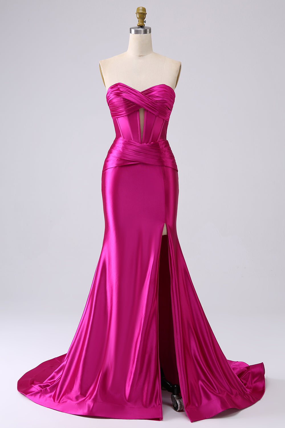 Robe de bal longue corsetée cœur sirène fuchsia pailletée avec fente