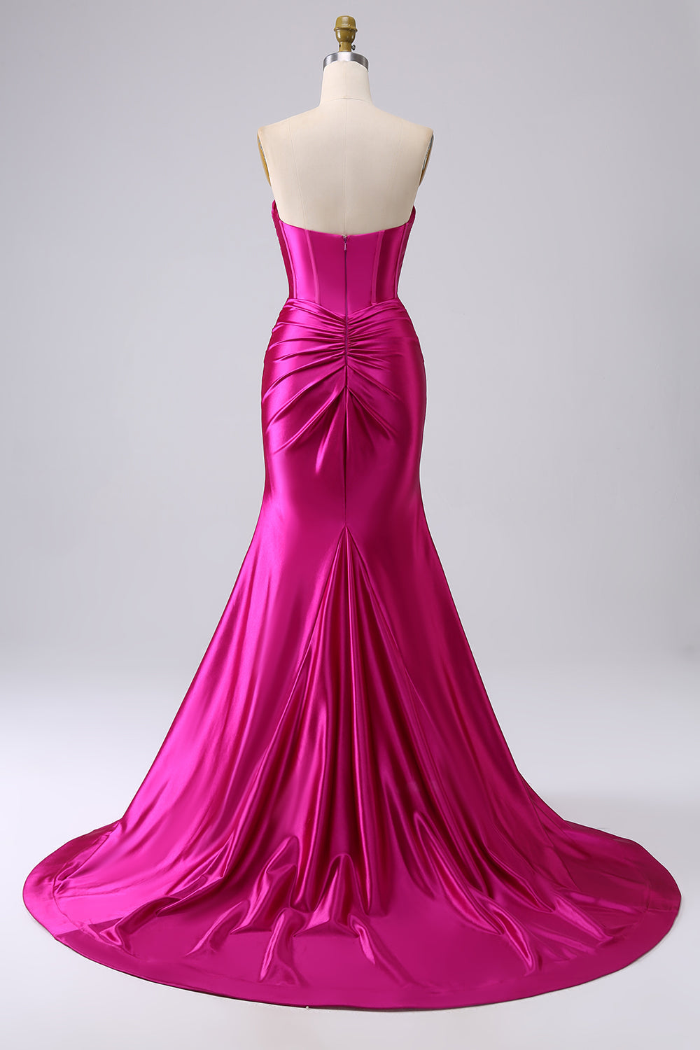 Robe de bal longue corsetée cœur sirène fuchsia pailletée avec fente