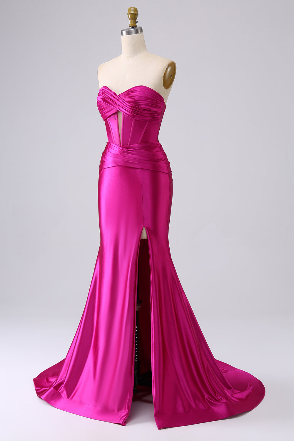Robe de bal longue corsetée cœur sirène fuchsia pailletée avec fente