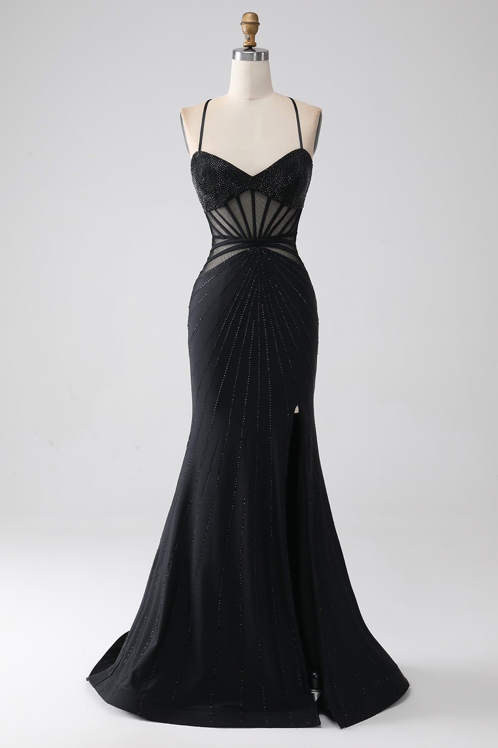 Robe de bal longue sirène noire à fines bretelles et fente