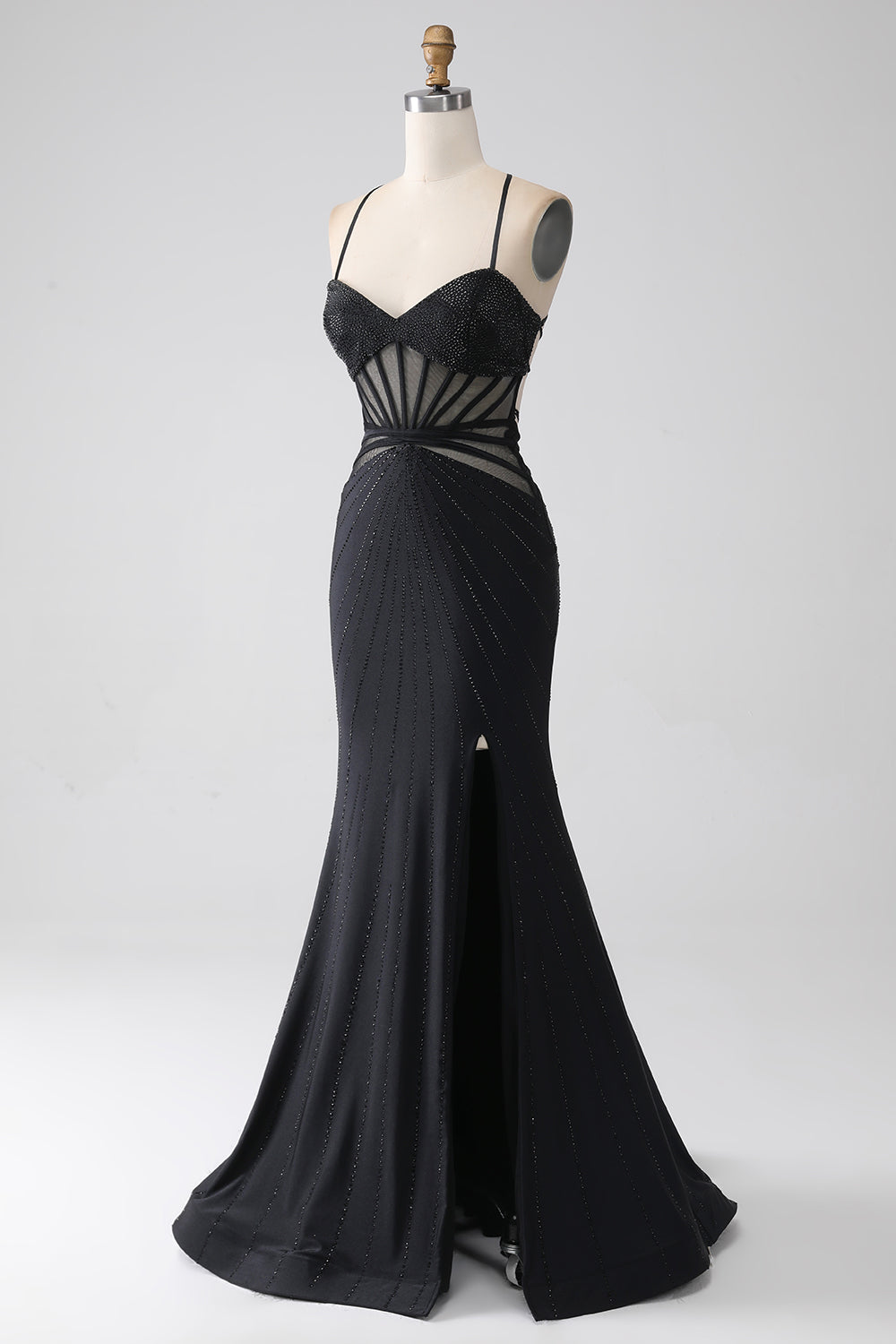 Robe de bal longue sirène noire à fines bretelles et fente