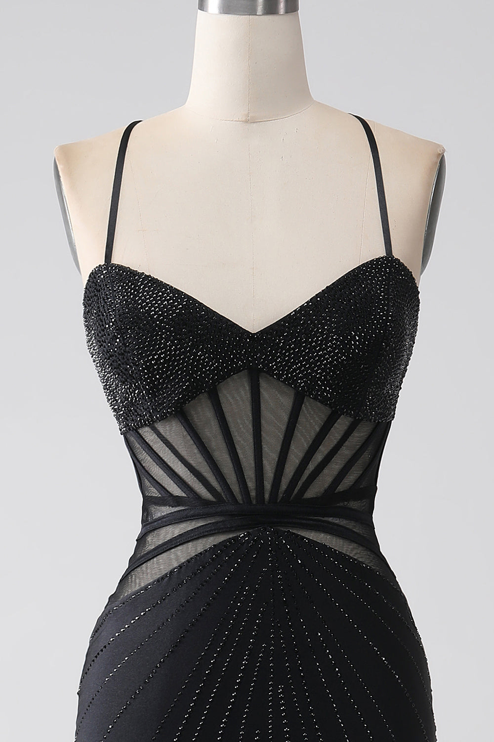 Robe de bal longue sirène noire à fines bretelles et fente
