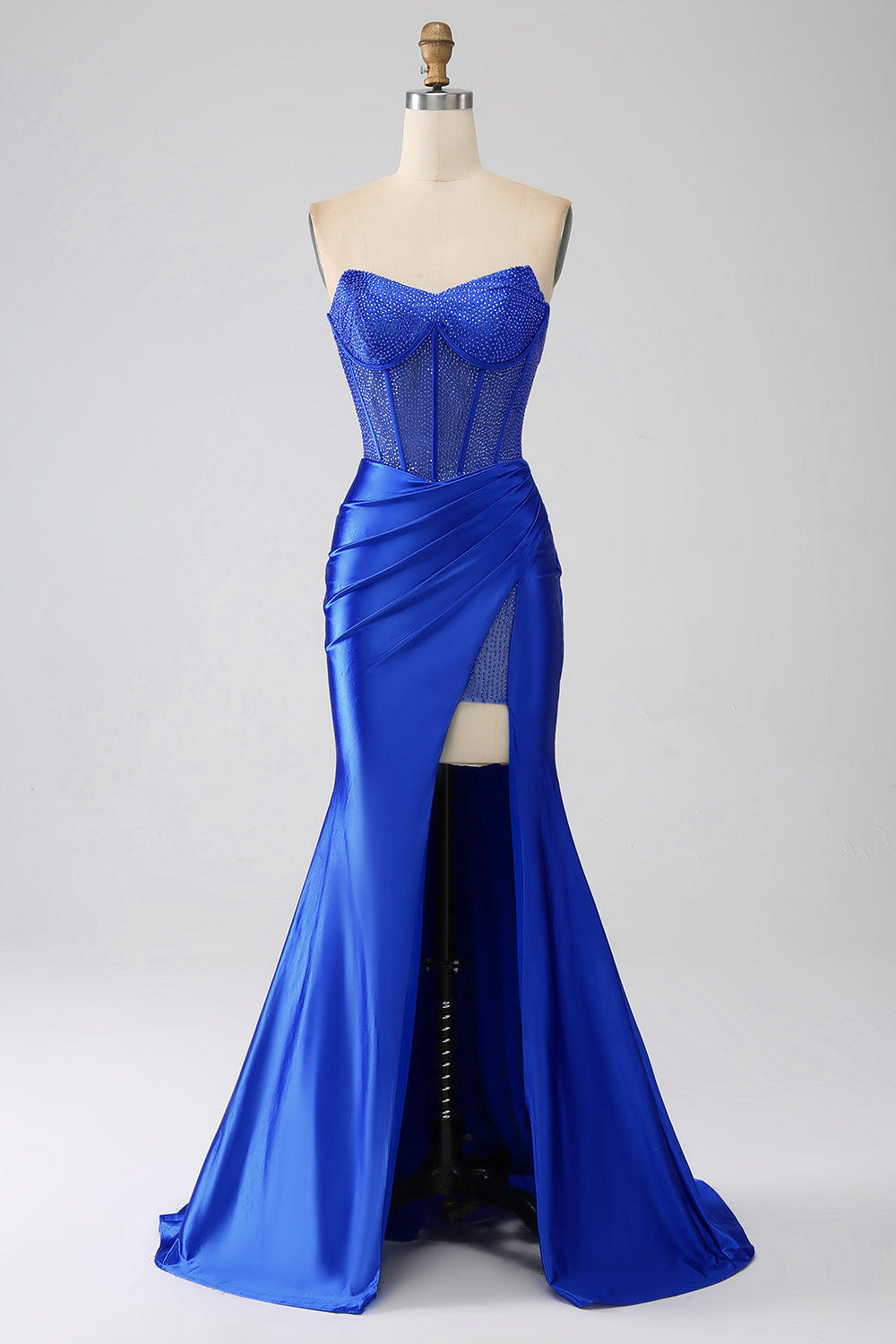 Robe de bal bustier bleue roi sirène avec perles