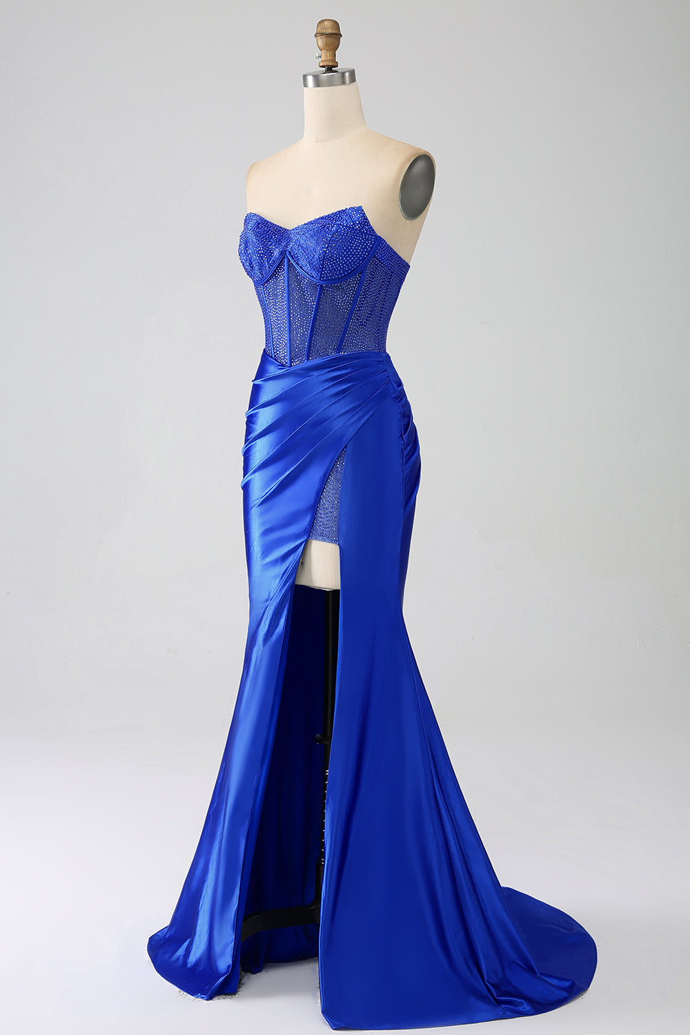 Robe de bal bustier bleue roi sirène avec perles