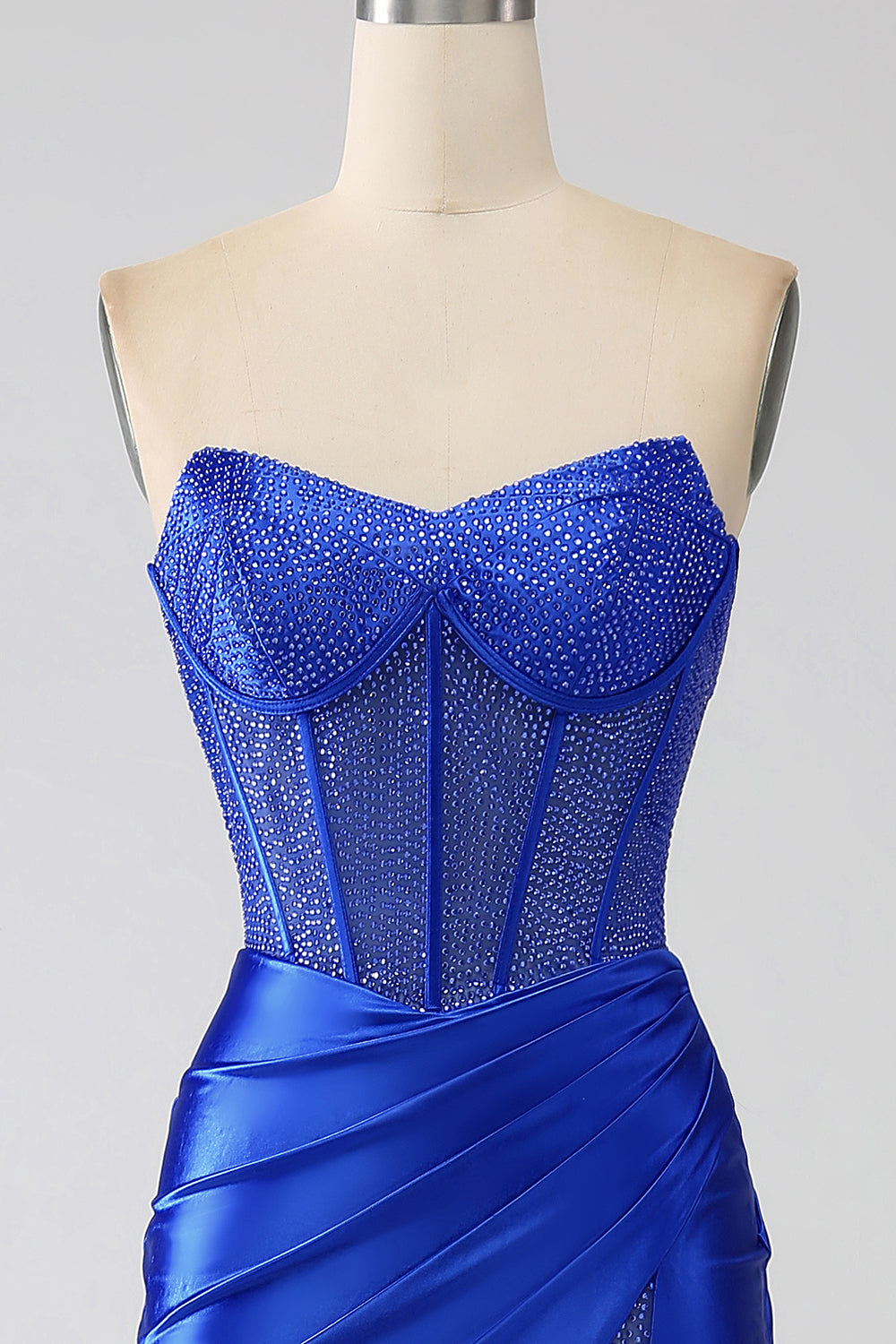 Robe de bal bustier bleue roi sirène avec perles