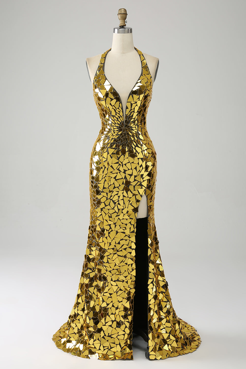 Robe de bal sirène dorée dos nu décolleté plongeant avec fente haute