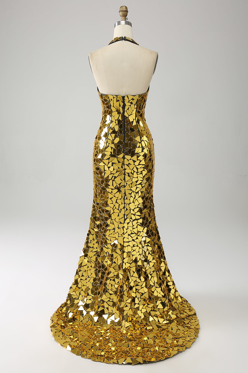 Robe de bal sirène dorée dos nu décolleté plongeant avec fente haute