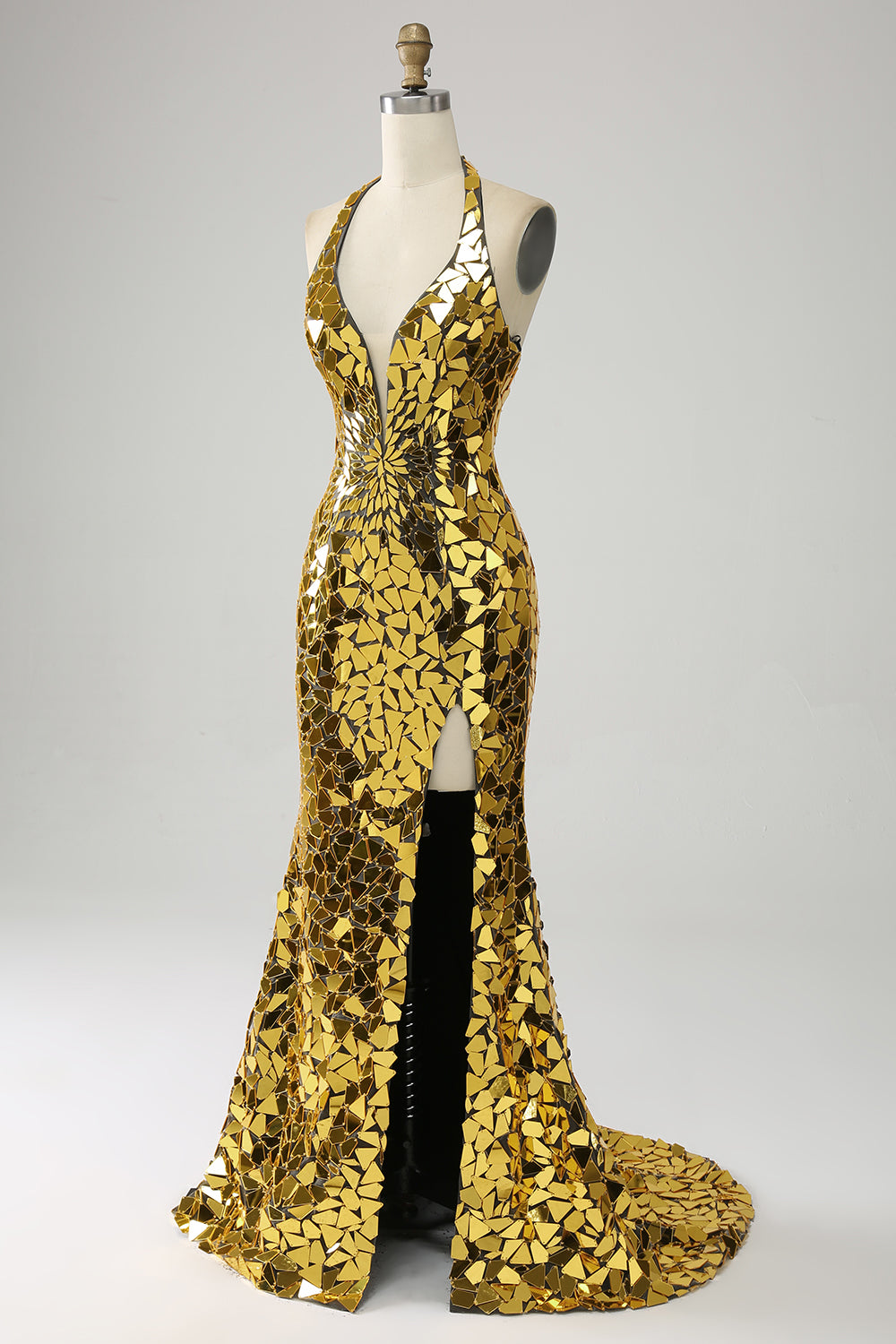 Robe de bal sirène dorée dos nu décolleté plongeant avec fente haute