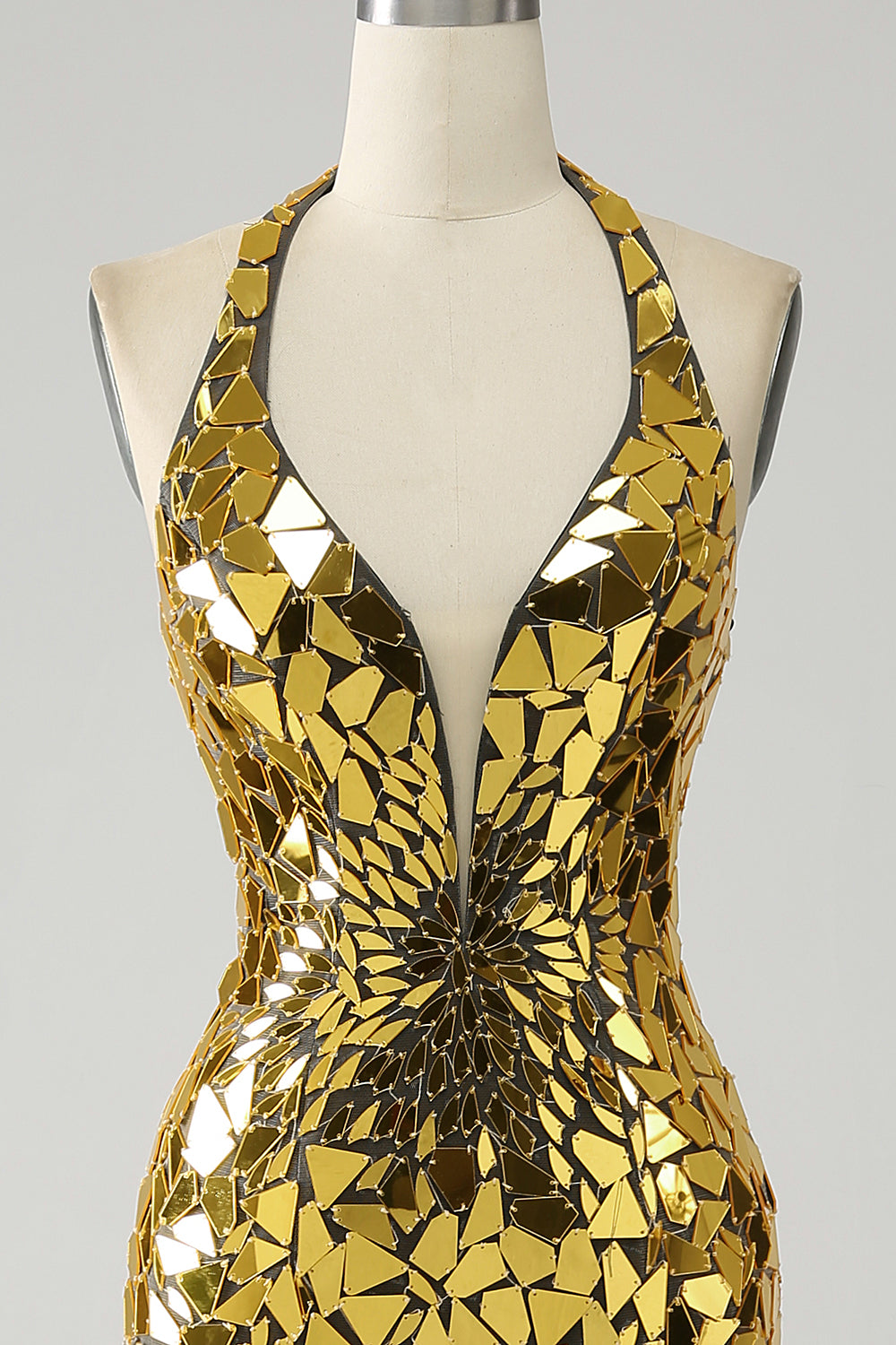 Robe de bal sirène dorée dos nu décolleté plongeant avec fente haute