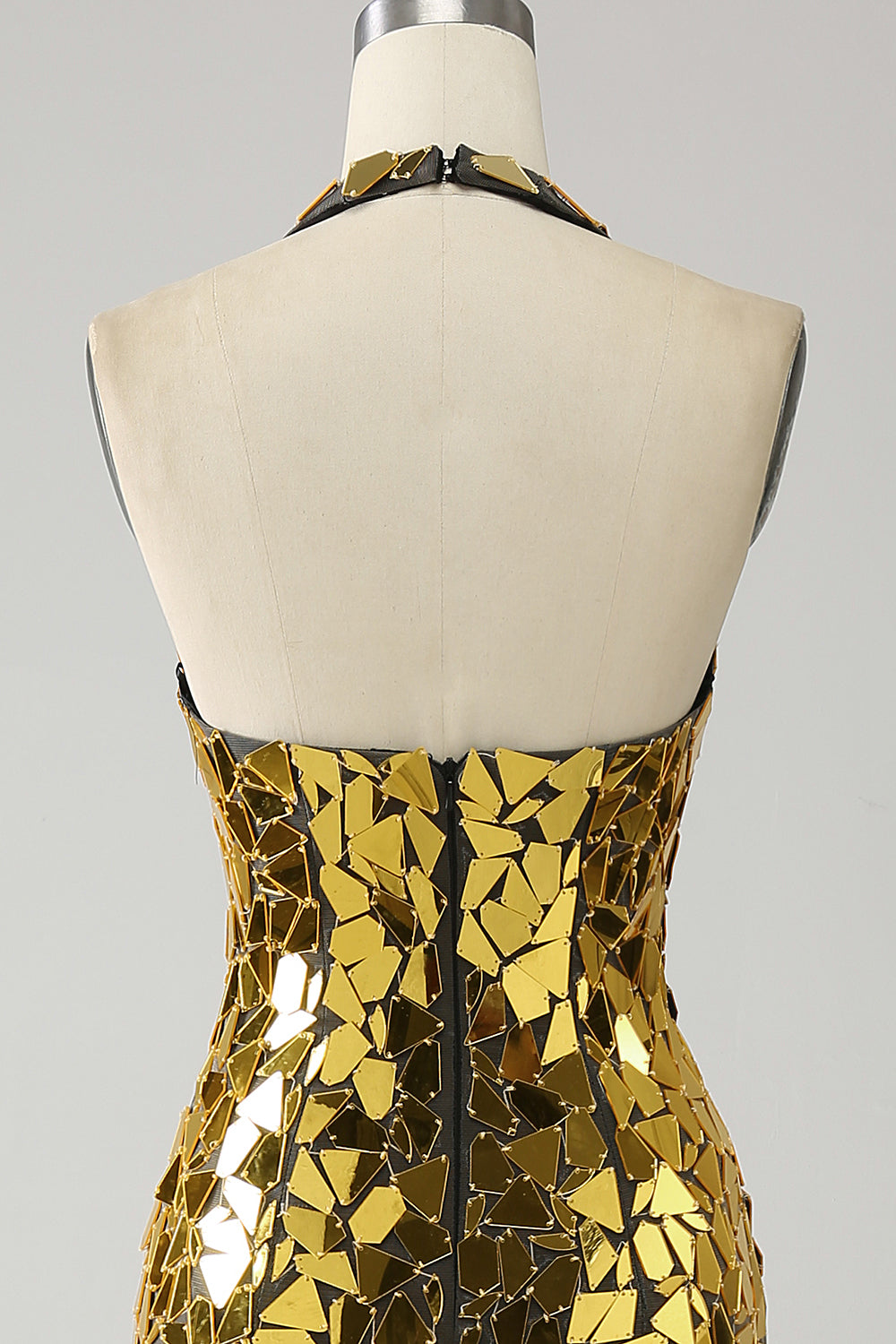 Robe de bal sirène dorée dos nu décolleté plongeant avec fente haute