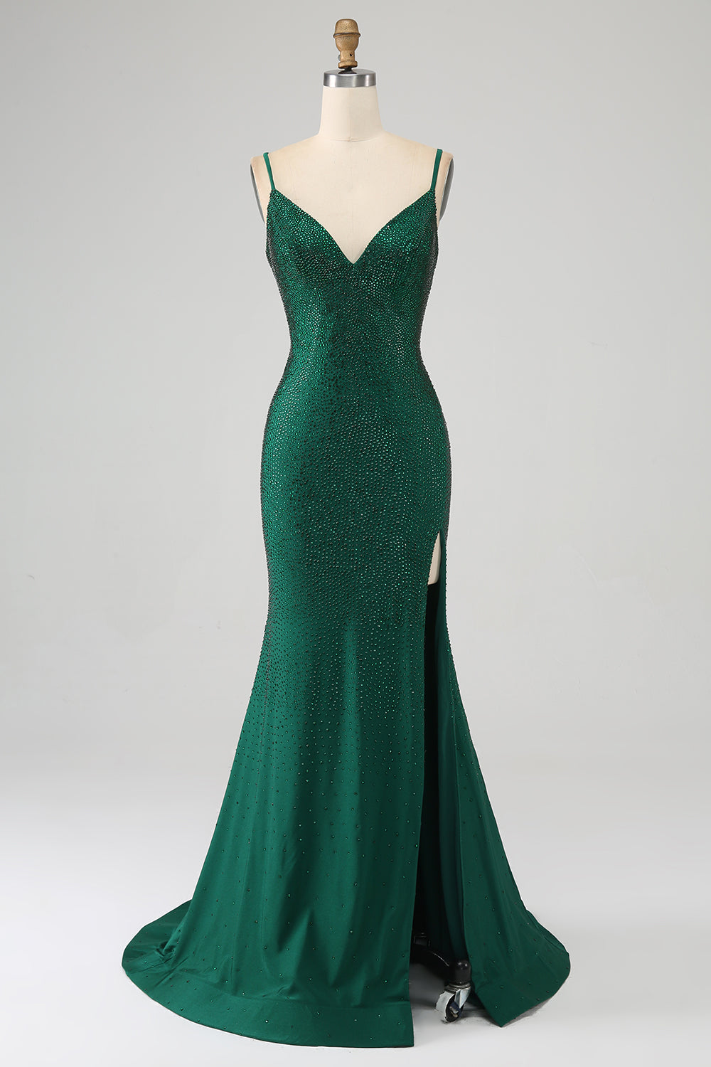Robe de bal de sirène longue, vert foncé chatoyant, perlée avec fente