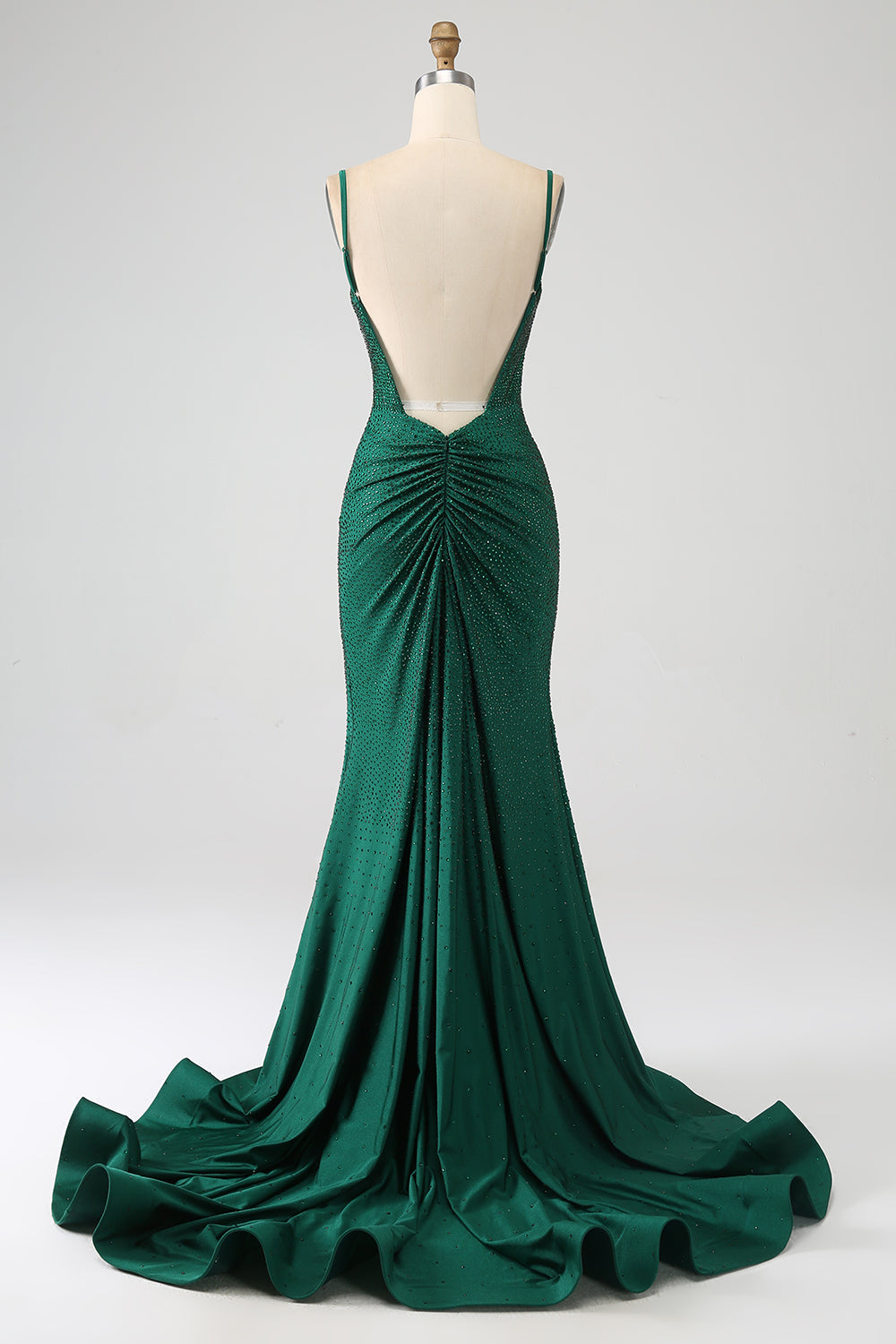 Robe de bal de sirène longue, vert foncé chatoyant, perlée avec fente