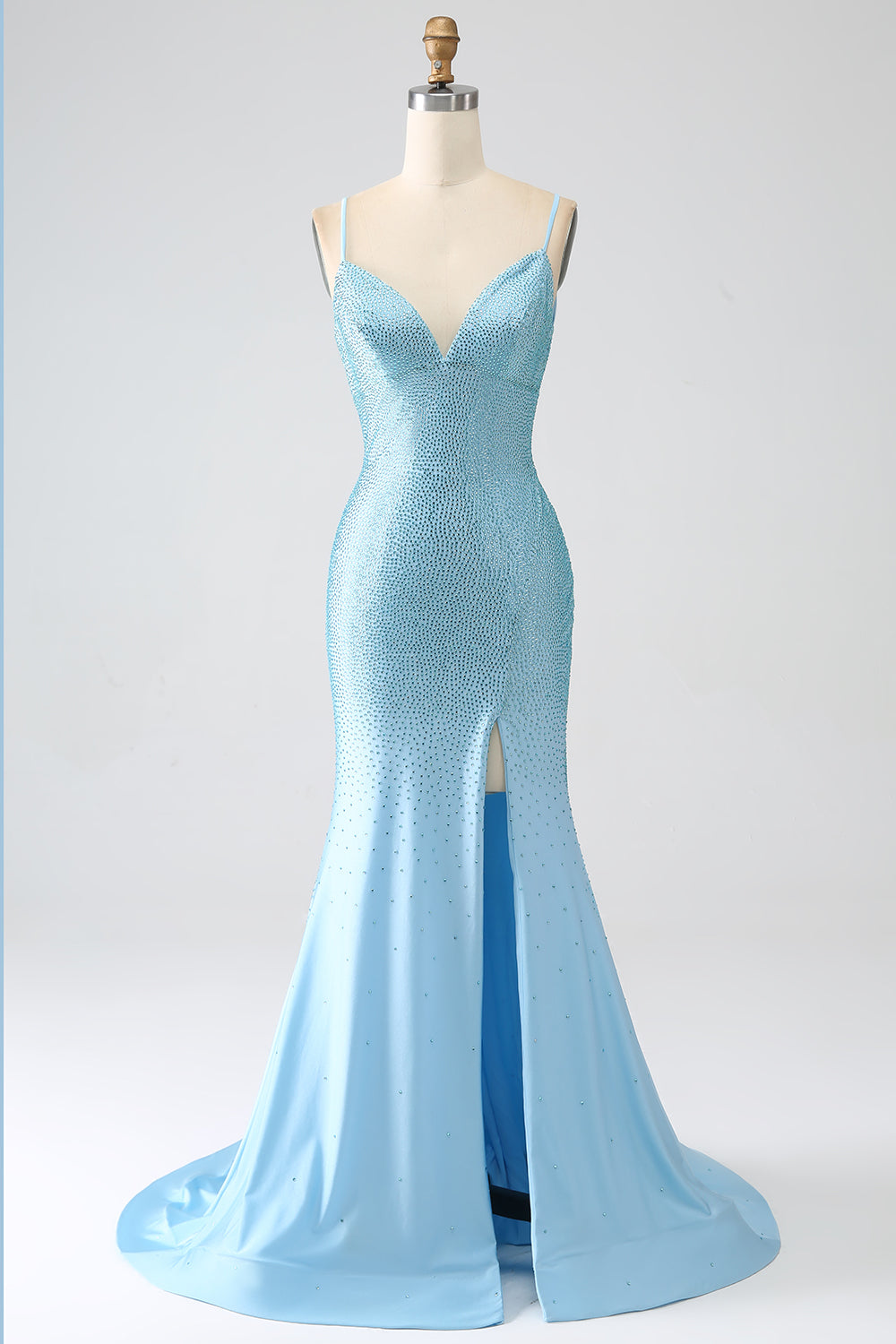 Robe de bal de sirène longue, vert foncé chatoyant, perlée avec fente