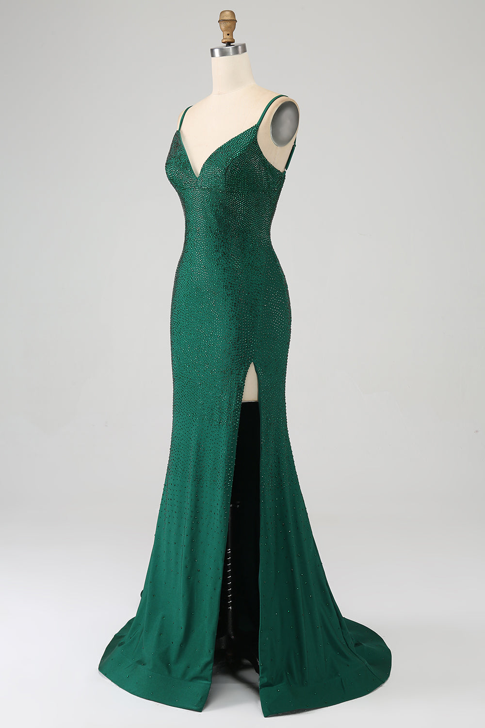 Robe de bal de sirène longue, vert foncé chatoyant, perlée avec fente
