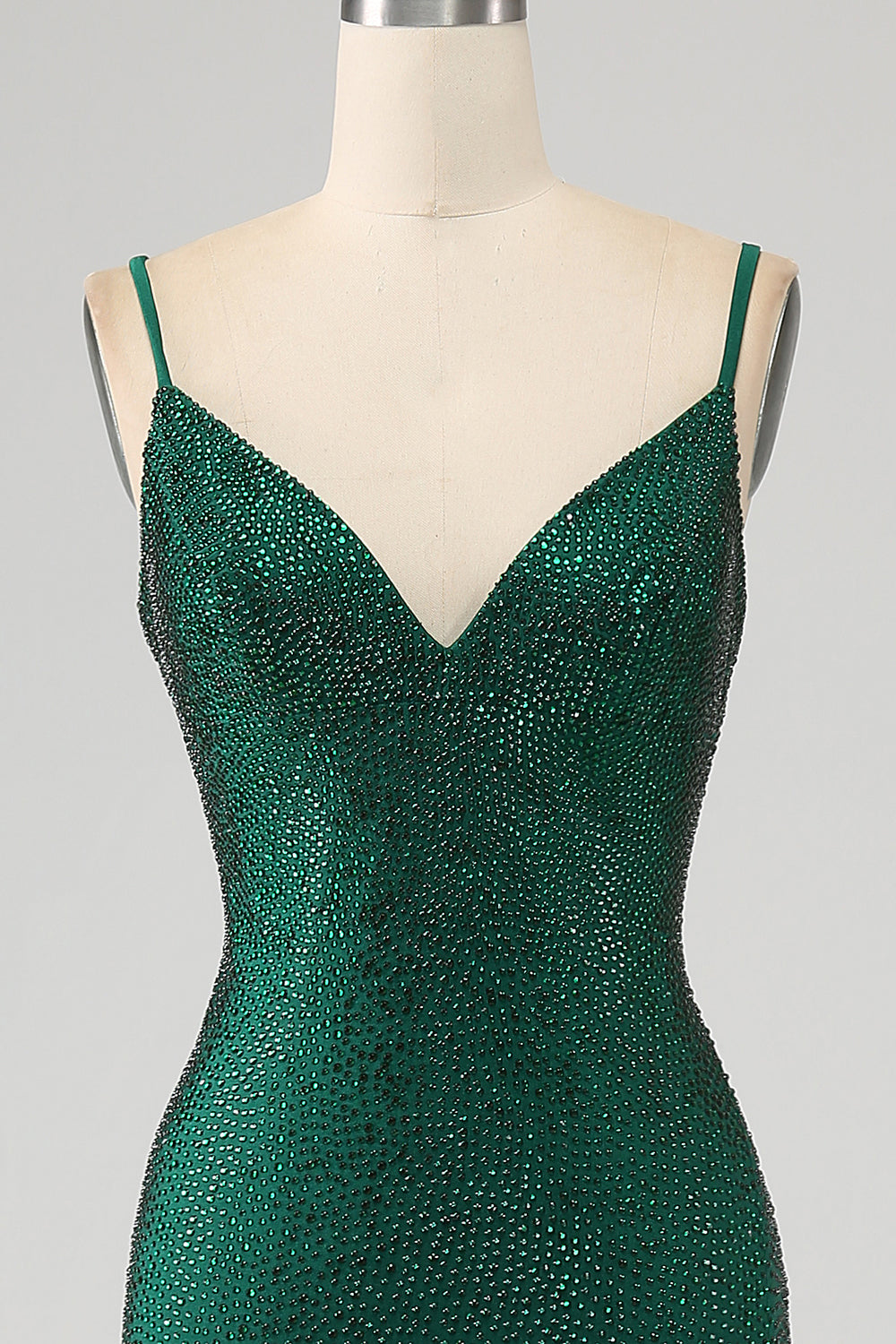 Robe de bal de sirène longue, vert foncé chatoyant, perlée avec fente