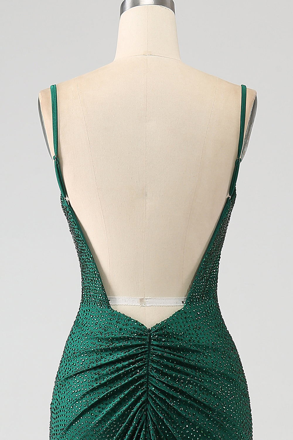 Robe de bal de sirène longue, vert foncé chatoyant, perlée avec fente