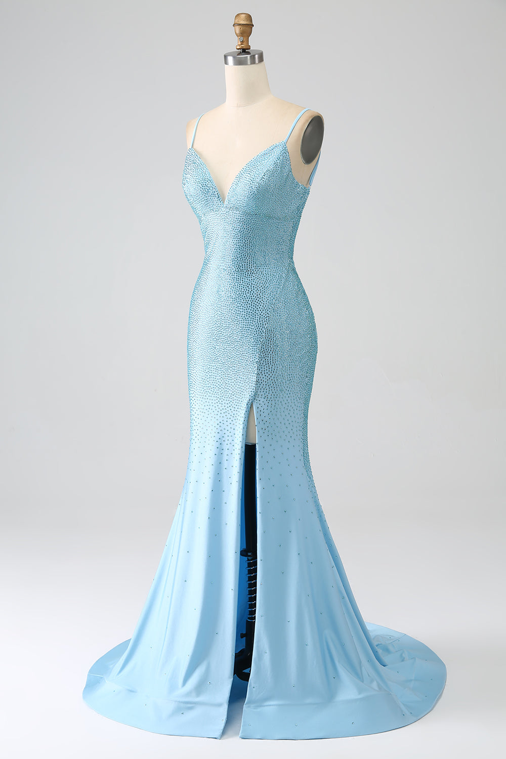 Robe de bal de sirène longue, vert foncé chatoyant, perlée avec fente
