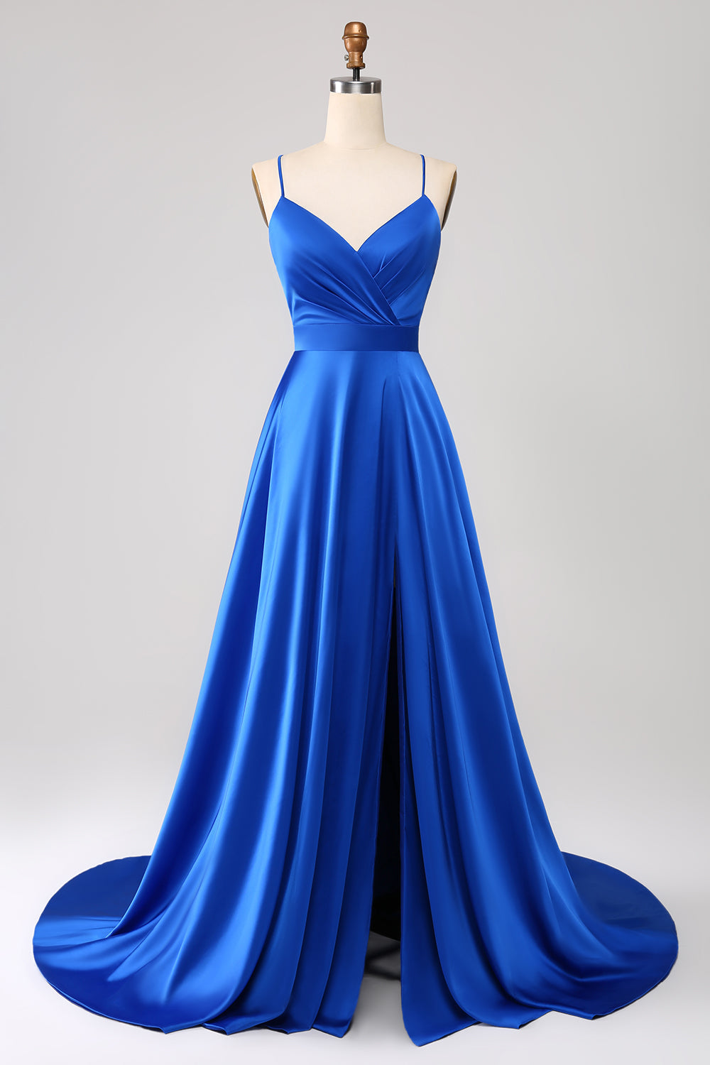 Robe de bal bleu roi en satin évasée à fines bretelles avec fente