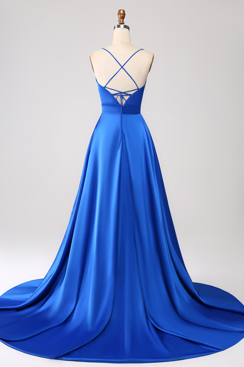 Robe de bal bleu roi en satin évasée à fines bretelles avec fente