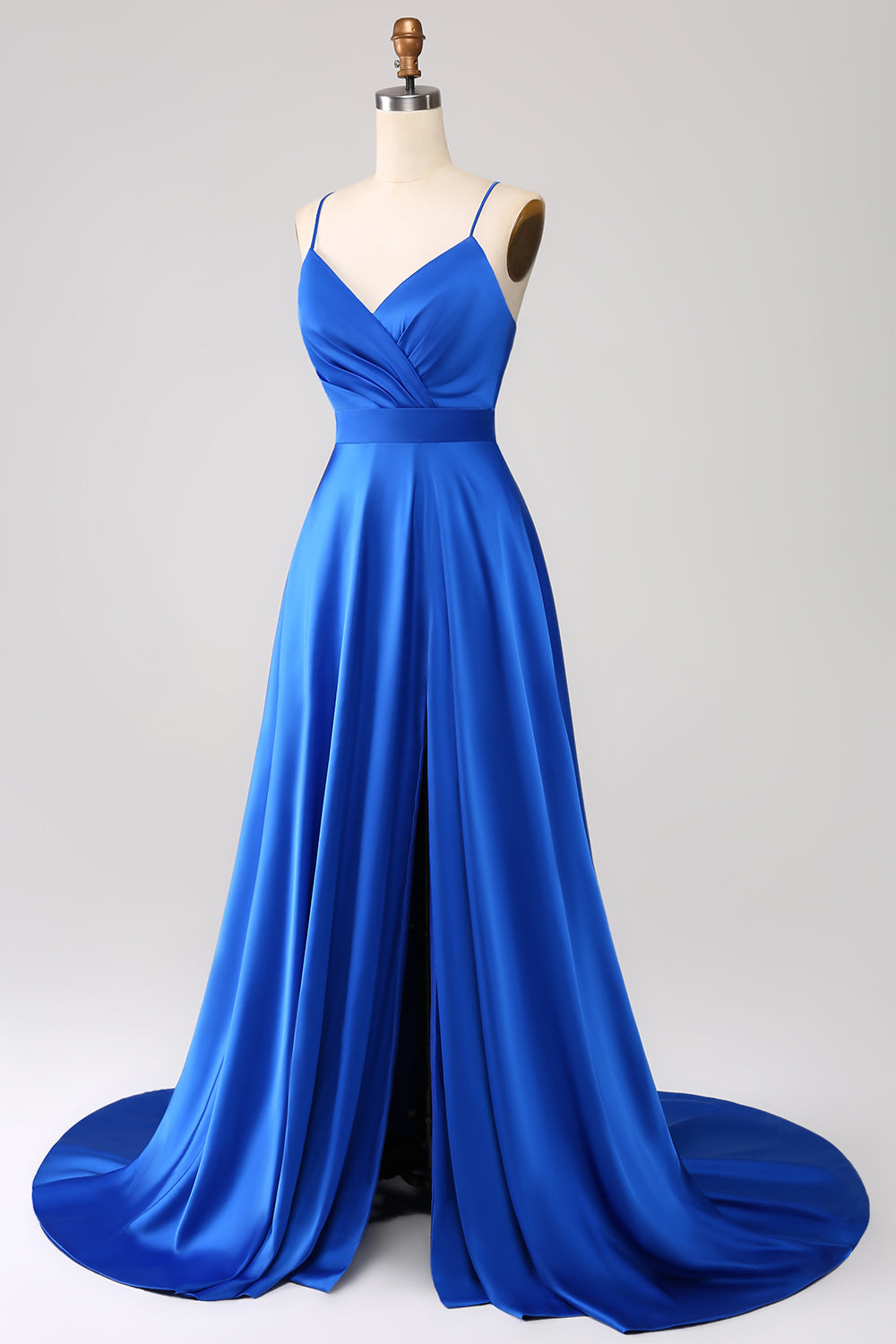 Robe de bal bleu roi en satin évasée à fines bretelles avec fente