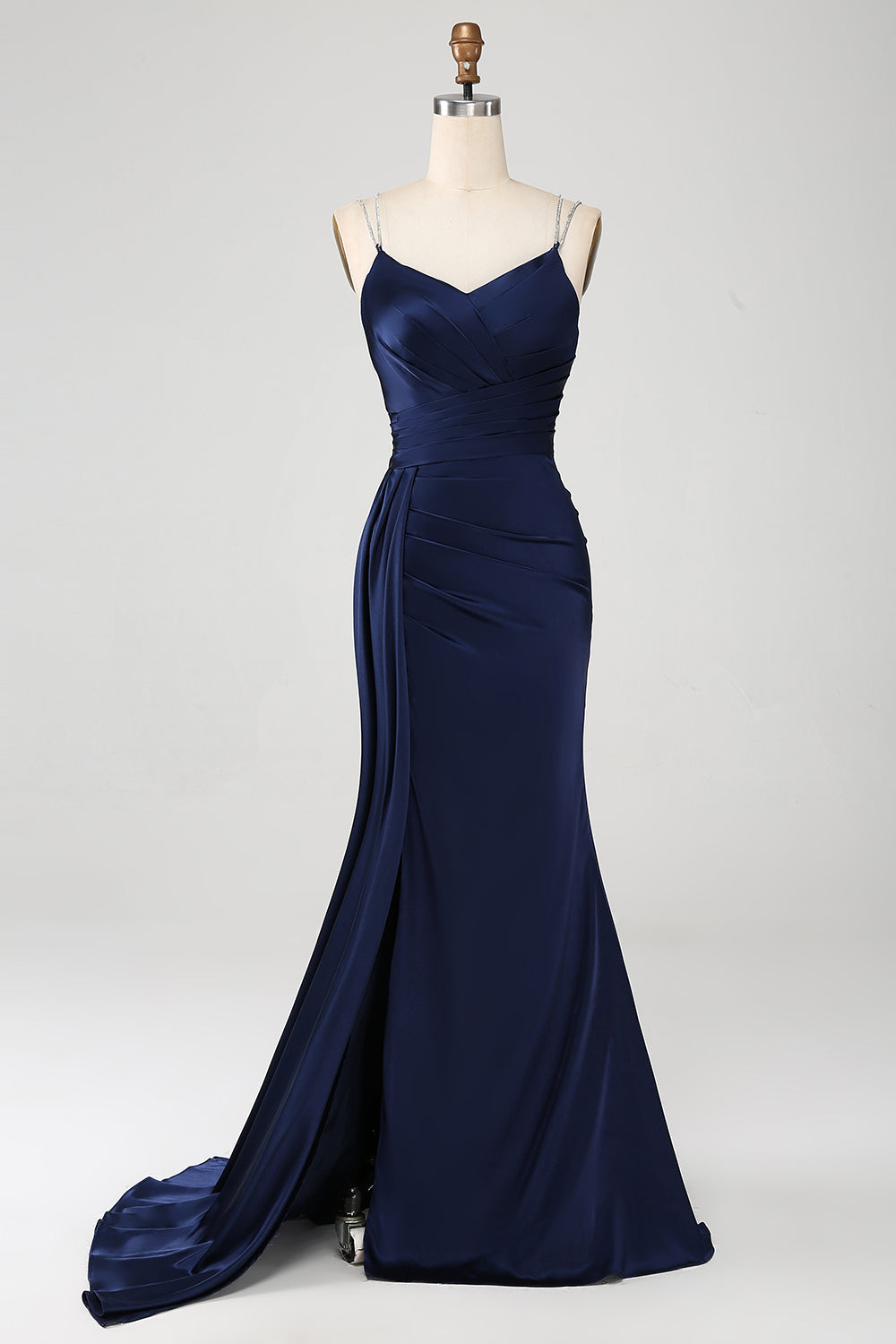 Robe de soirée longue fendue bleu marine en sirène avec bretelles spaghetti et corset plissé