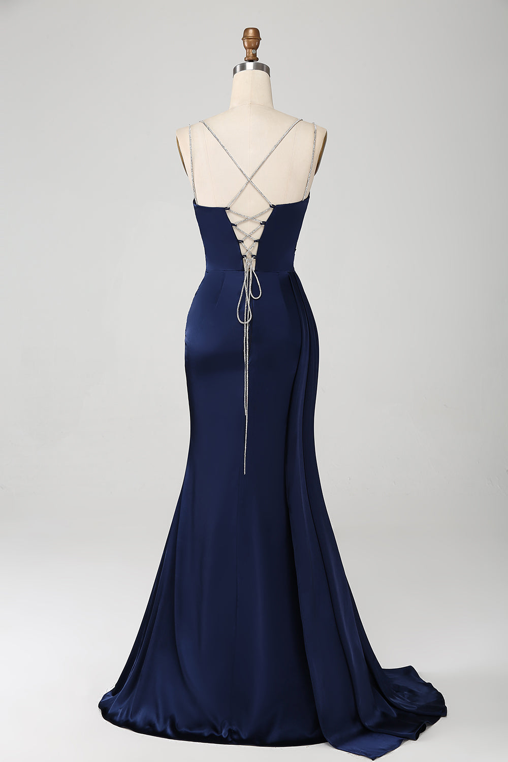 Robe de soirée longue fendue bleu marine en sirène avec bretelles spaghetti et corset plissé