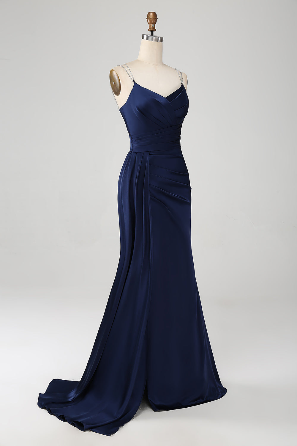 Robe de soirée longue fendue bleu marine en sirène avec bretelles spaghetti et corset plissé