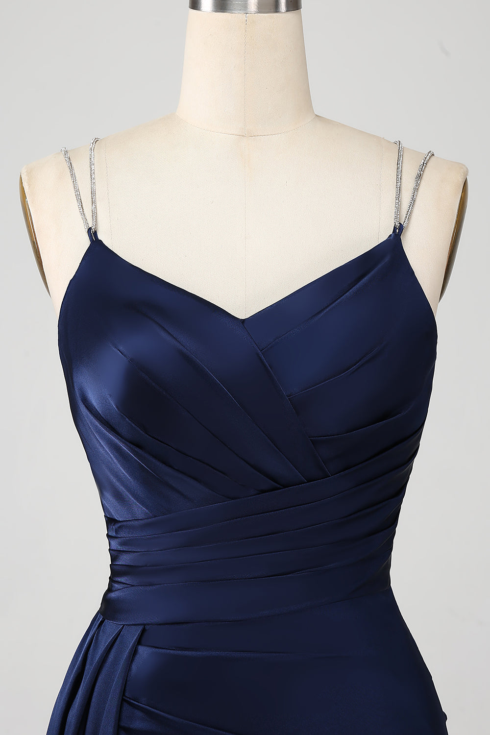Robe de soirée longue fendue bleu marine en sirène avec bretelles spaghetti et corset plissé
