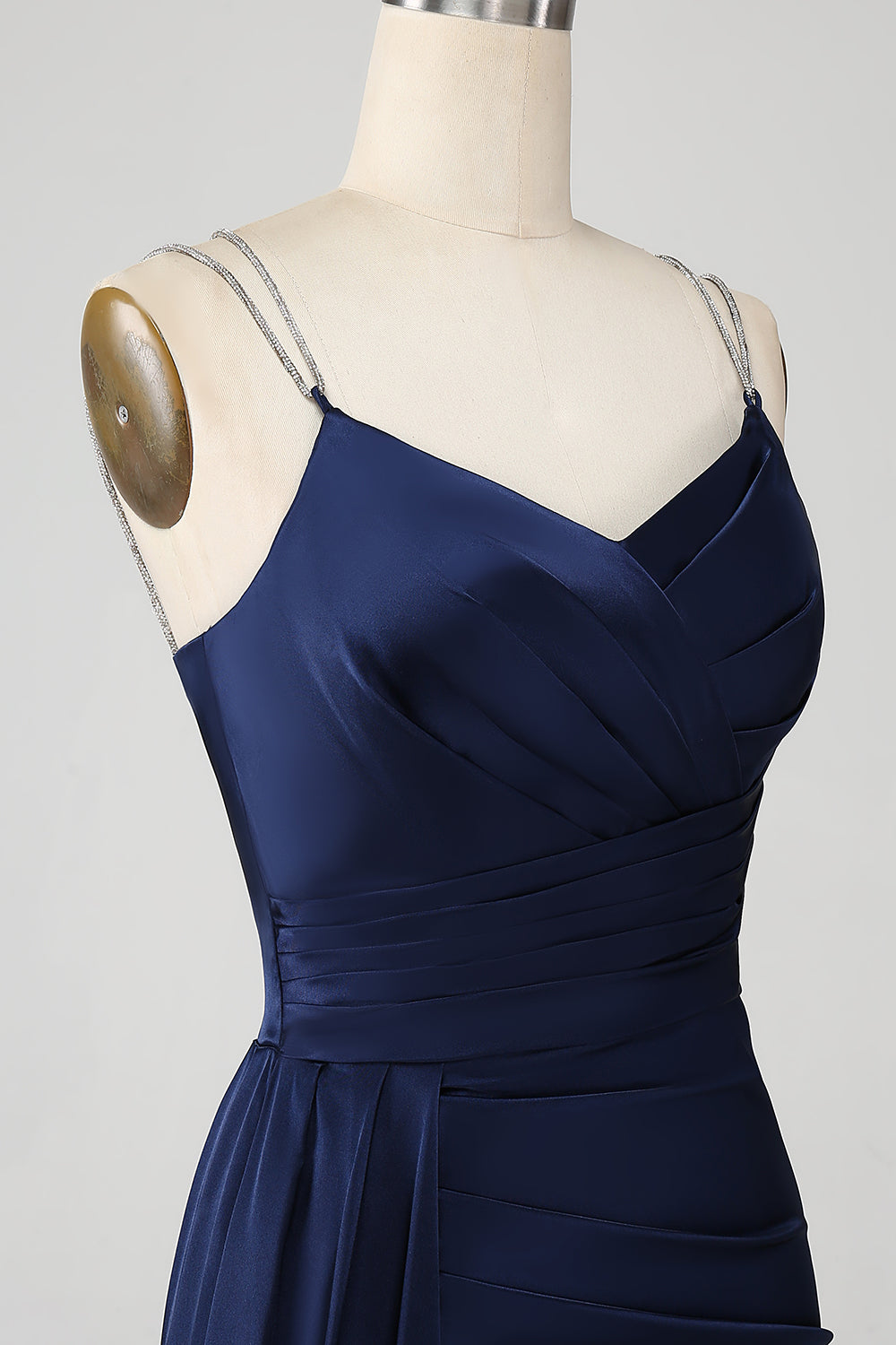 Robe de soirée longue fendue bleu marine en sirène avec bretelles spaghetti et corset plissé