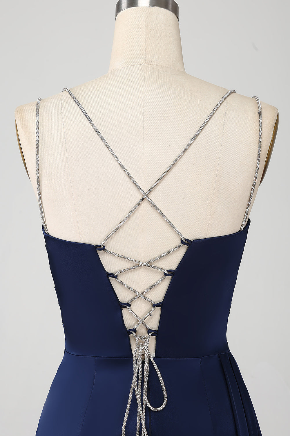 Robe de soirée longue fendue bleu marine en sirène avec bretelles spaghetti et corset plissé