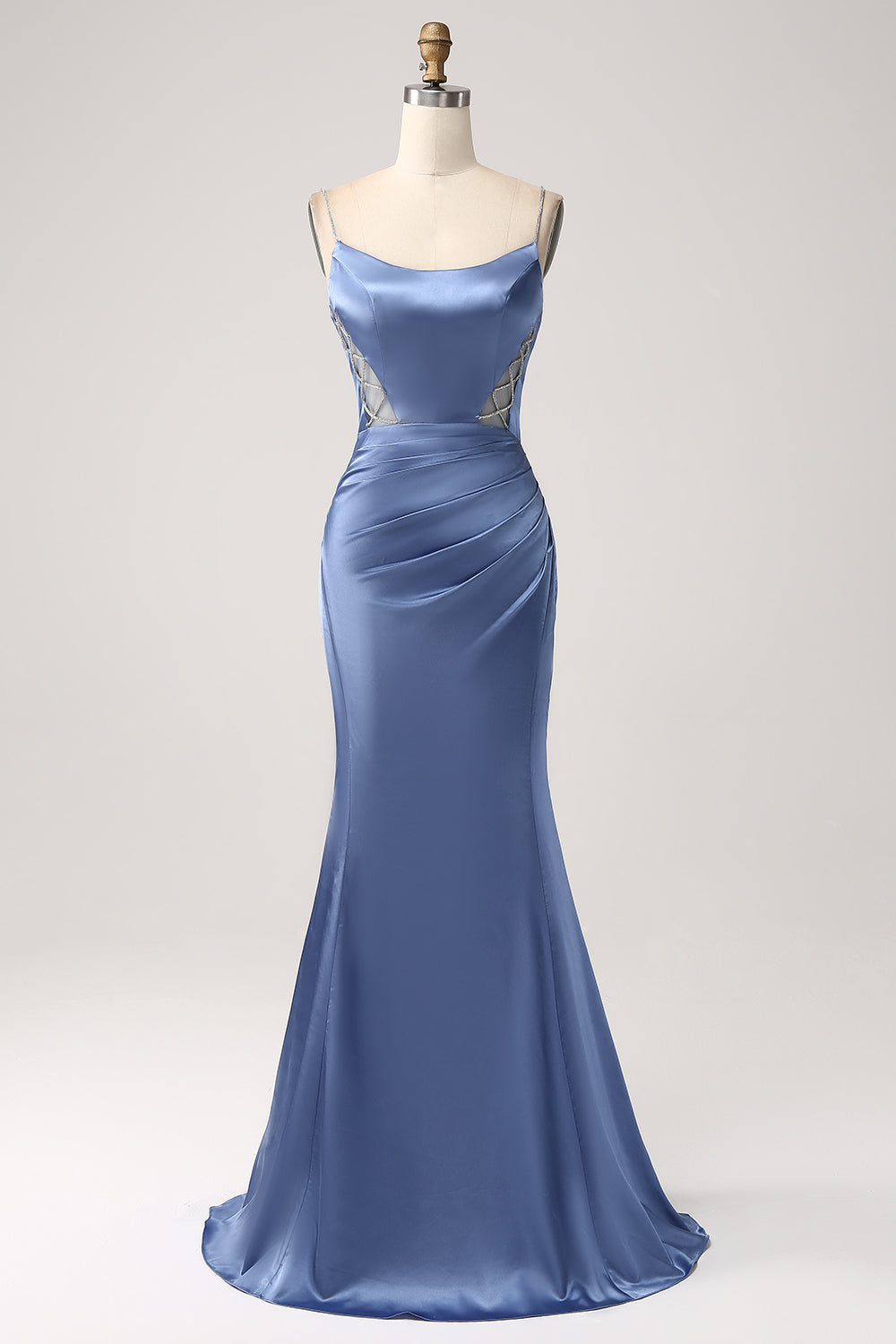 Robe de bal longue en satin bleu gris sirène à bretelles spaghetti