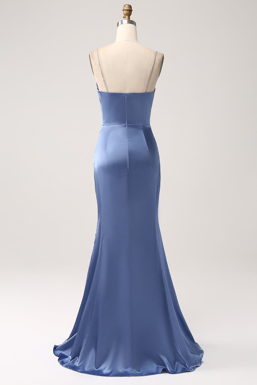 Robe de bal longue en satin bleu gris sirène à bretelles spaghetti
