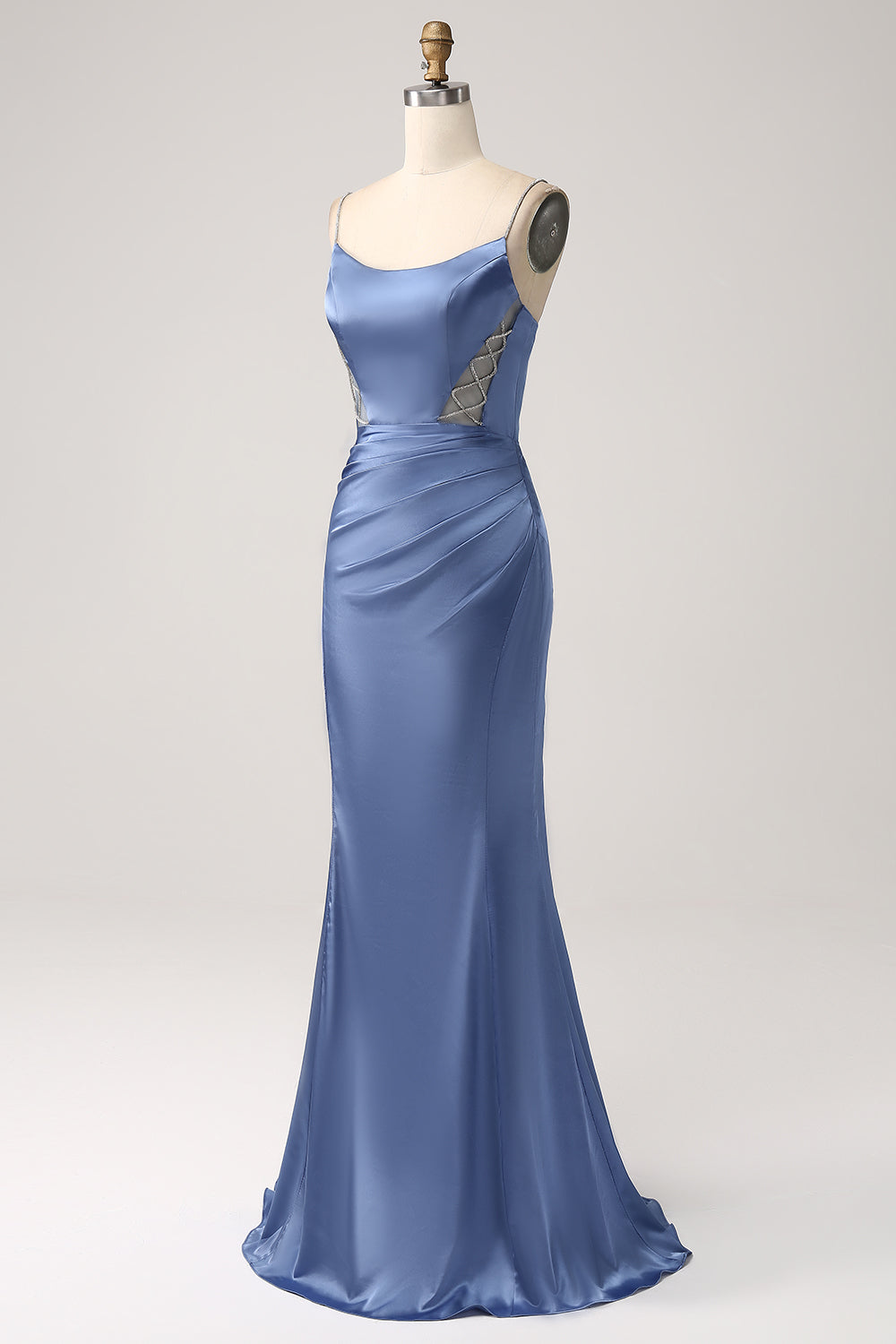 Robe de bal longue en satin bleu gris sirène à bretelles spaghetti